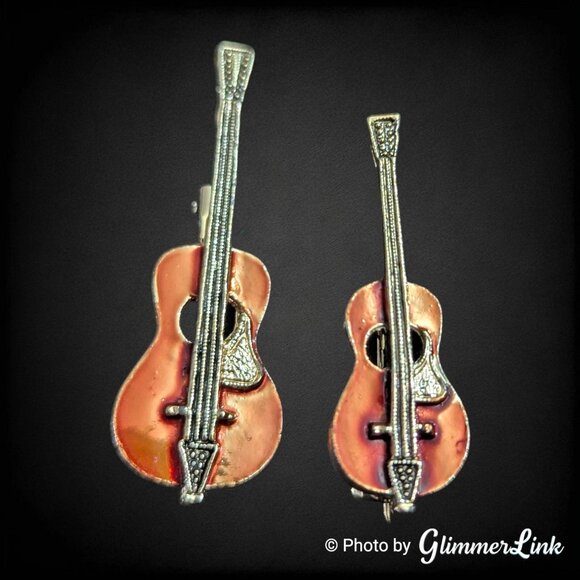 Vintage Guitar Copper Enamel Gold Tone Brooches Set of 2 –  Musician Gift - Picture 2 of 7